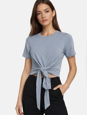 Modern Citizen Jude Wrap Knit Top Light Blue Gray Cropped Tie Waist Small